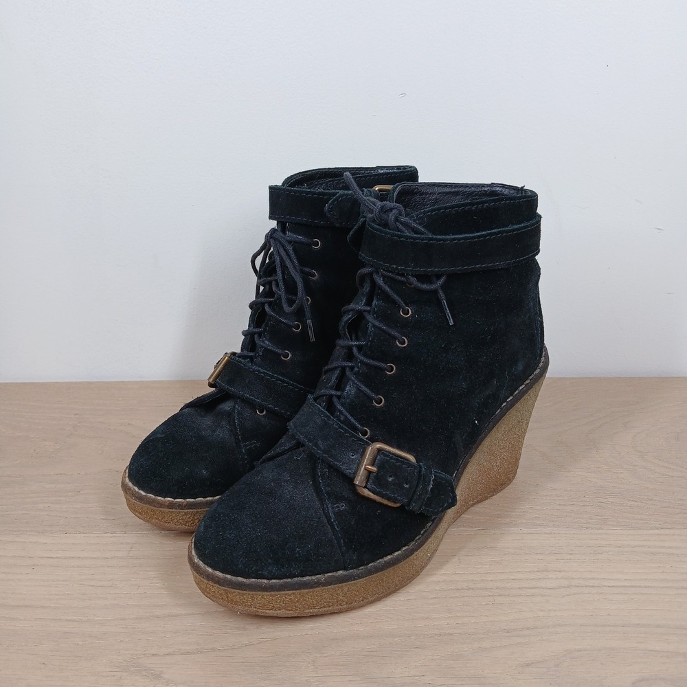 Madewell Wedge Ankle Boots Women Size 7 Black Suede Lace Up Buckle Platform